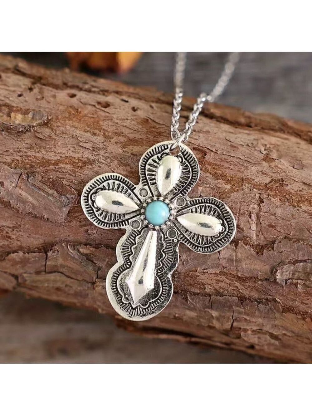 Silver Tone with Turquoise Accent Cross Western Flare Necklace / Pendant #1159